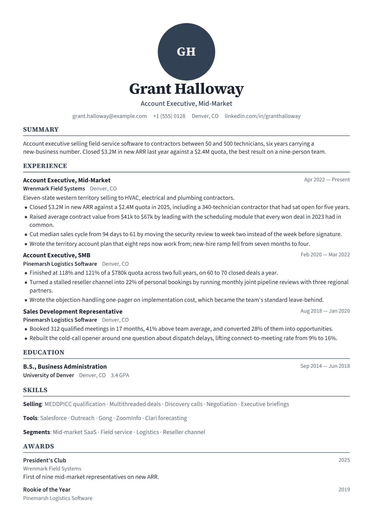 Account Executive résumé example — mid level, written for United States, set in the Emblem design