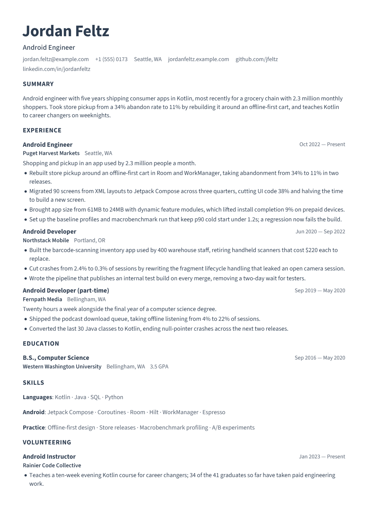 Android Engineer résumé example — mid level, written for United States, set in the Bare design