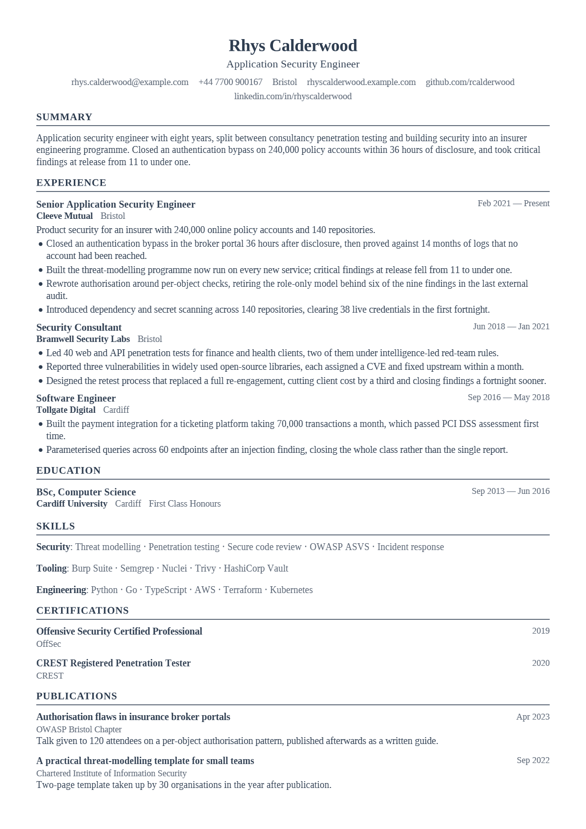 Application Security Engineer résumé example — senior, written for United Kingdom, set in the Plainsong design