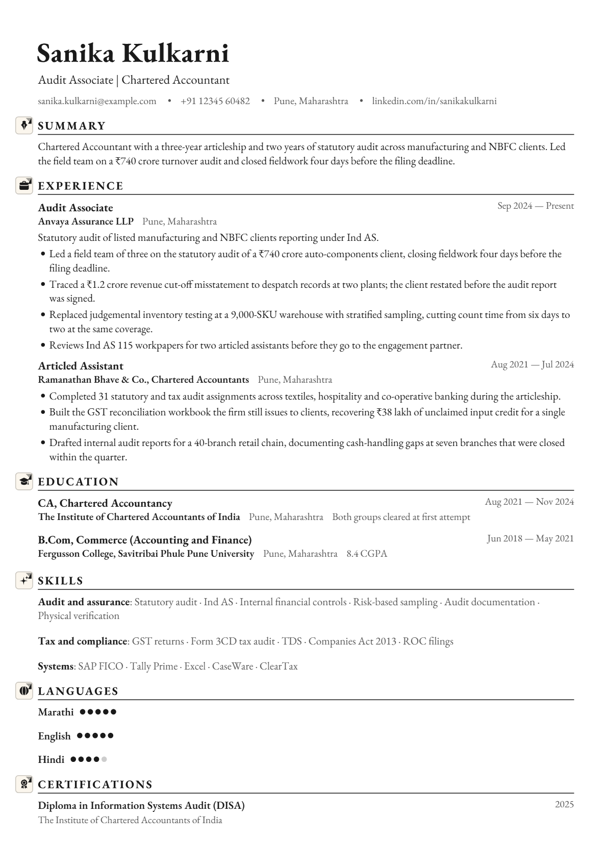 Audit Associate résumé example — entry level, written for India, set in the Garamond design