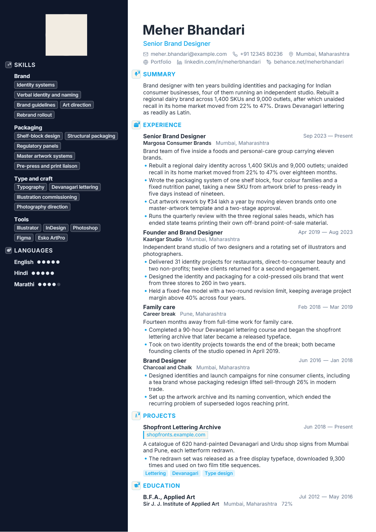 Brand Designer résumé example — senior, written for India, set in the Portrait design