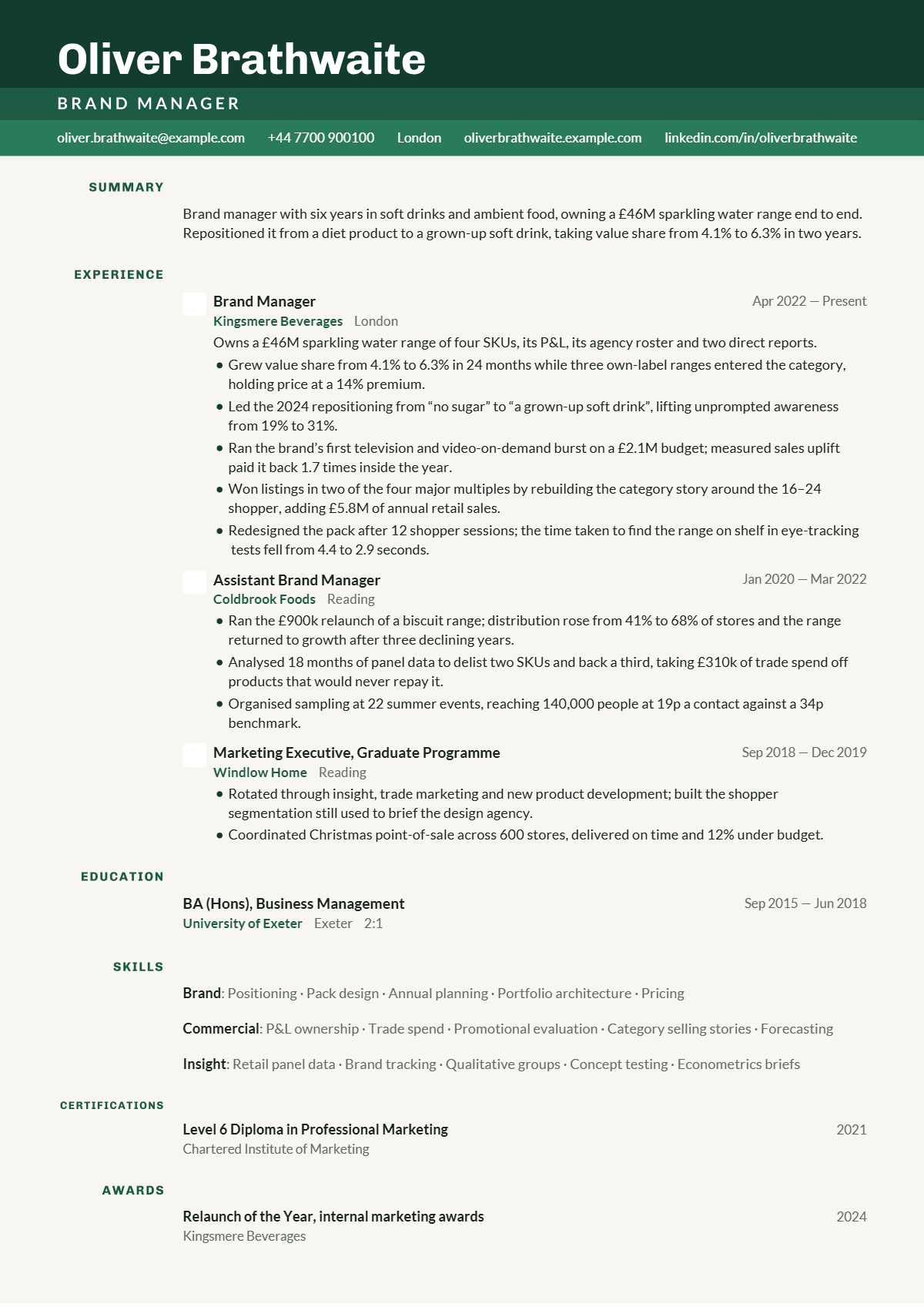 Brand Manager résumé example — mid level, written for United Kingdom, set in the Terrace design