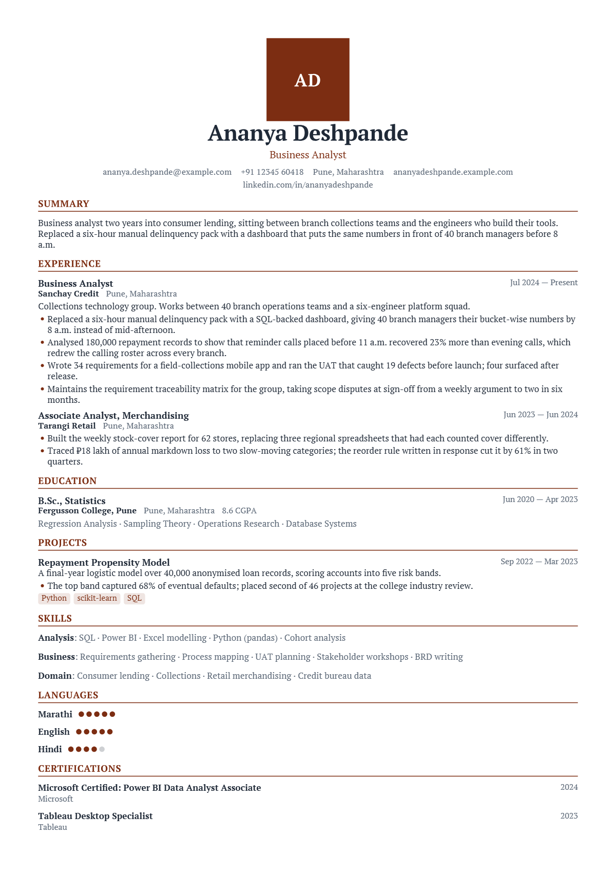Business Analyst résumé example — entry level, written for India, set in the Crest design