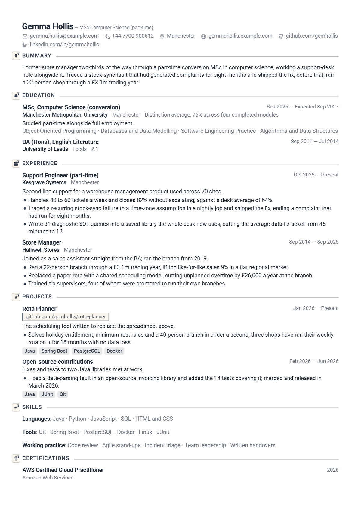 Junior Software Developer résumé example — student, written for United Kingdom, set in the Quartz design