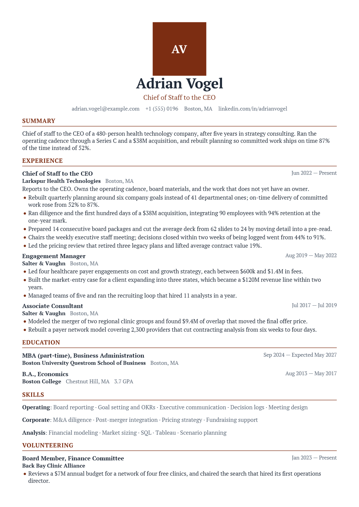 Chief of Staff résumé example — senior, written for United States, set in the Crest design