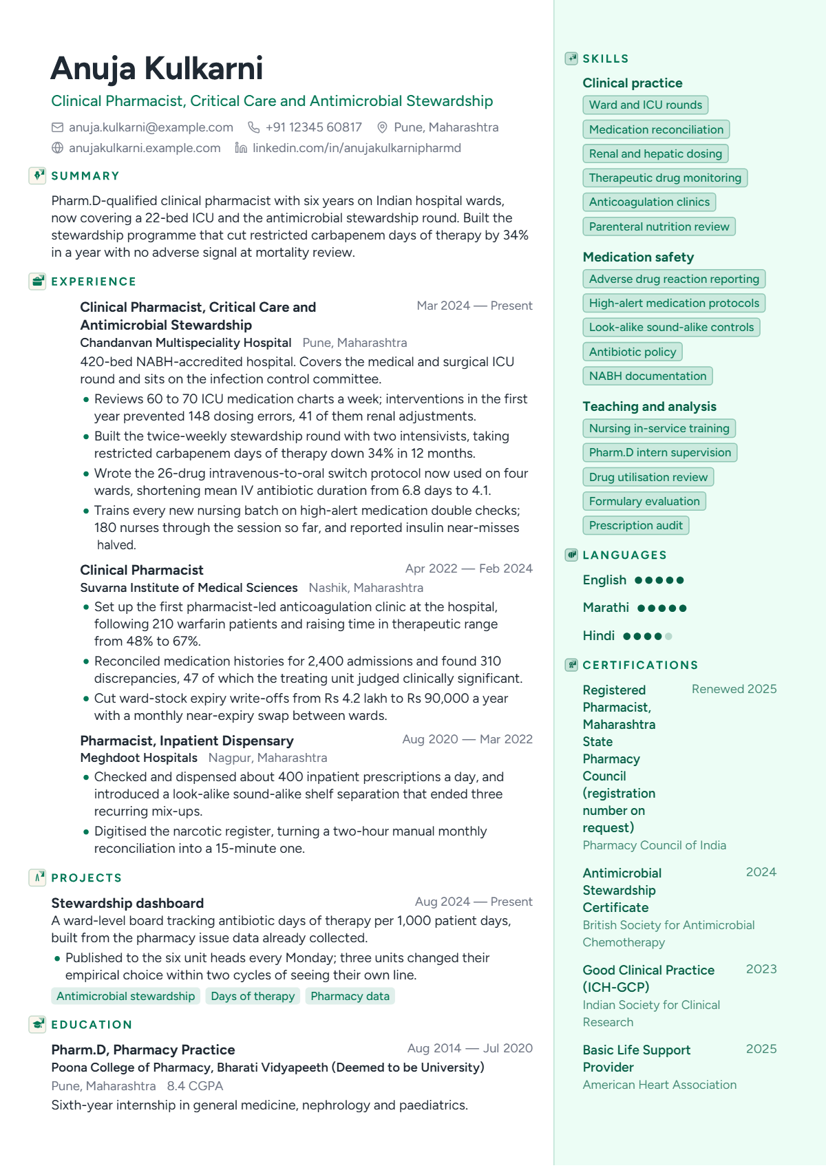 Clinical Pharmacist résumé example — mid level, written for India, set in the Verdant design