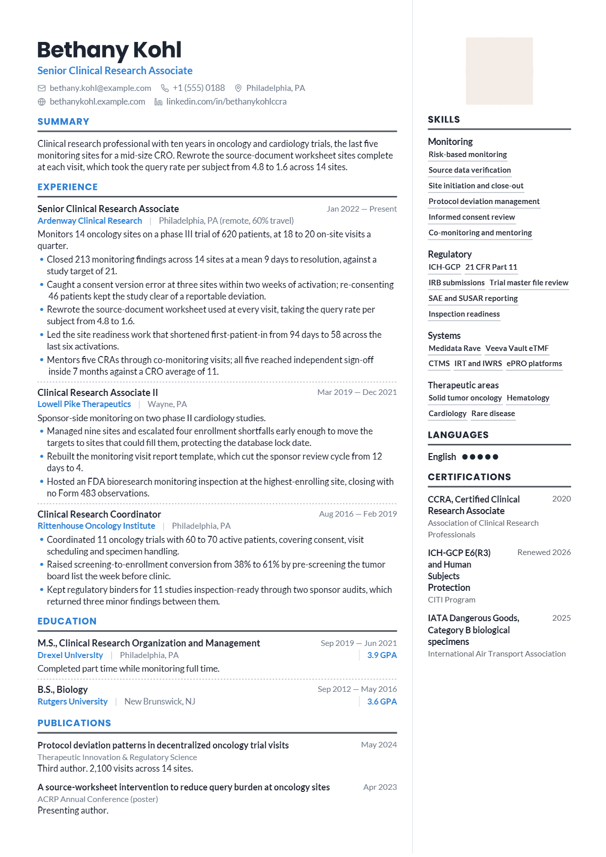 Senior Clinical Research Associate résumé example — senior, written for United States, set in the Clarity design