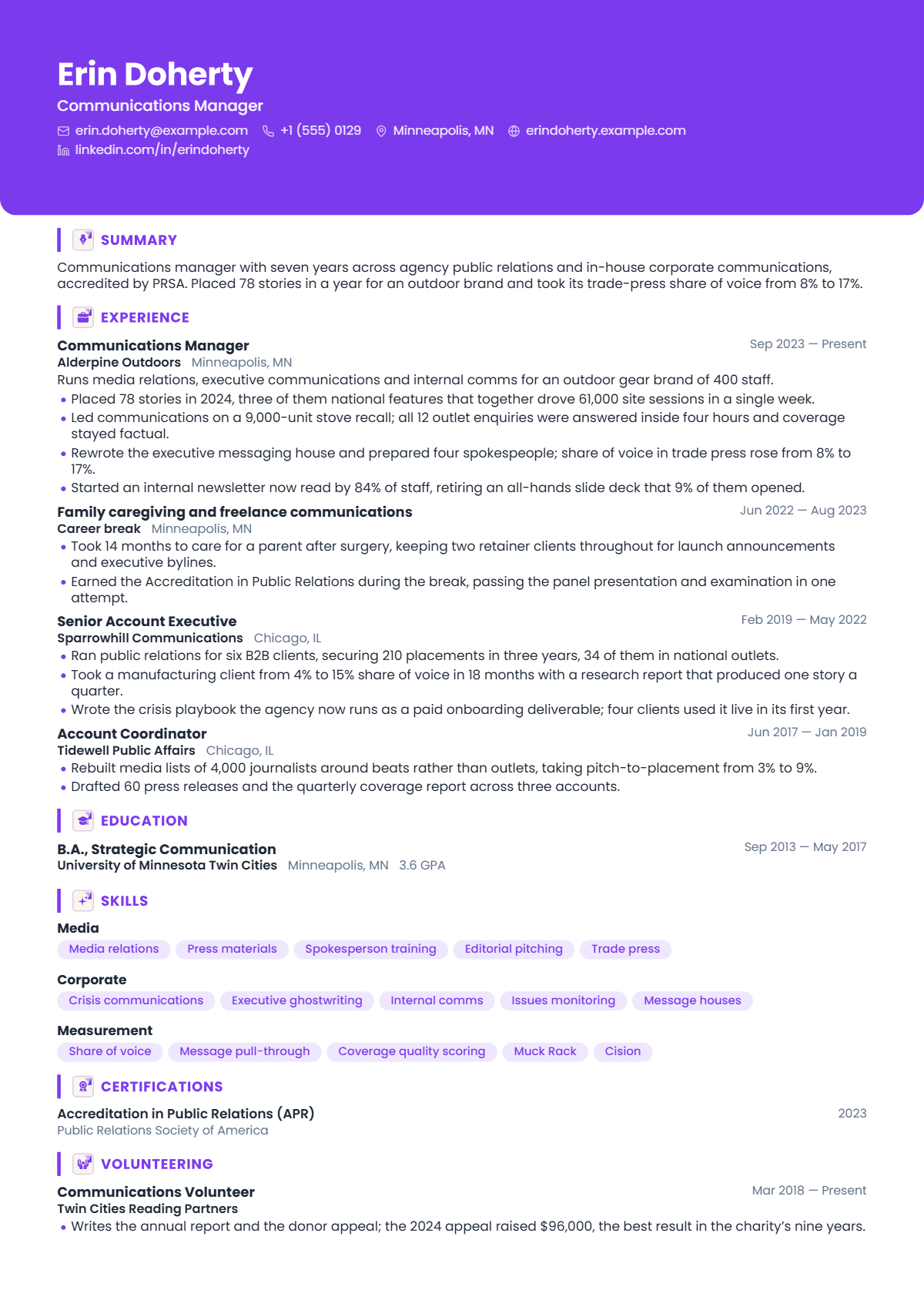 Communications Manager résumé example — mid level, written for United States, set in the Amethyst design
