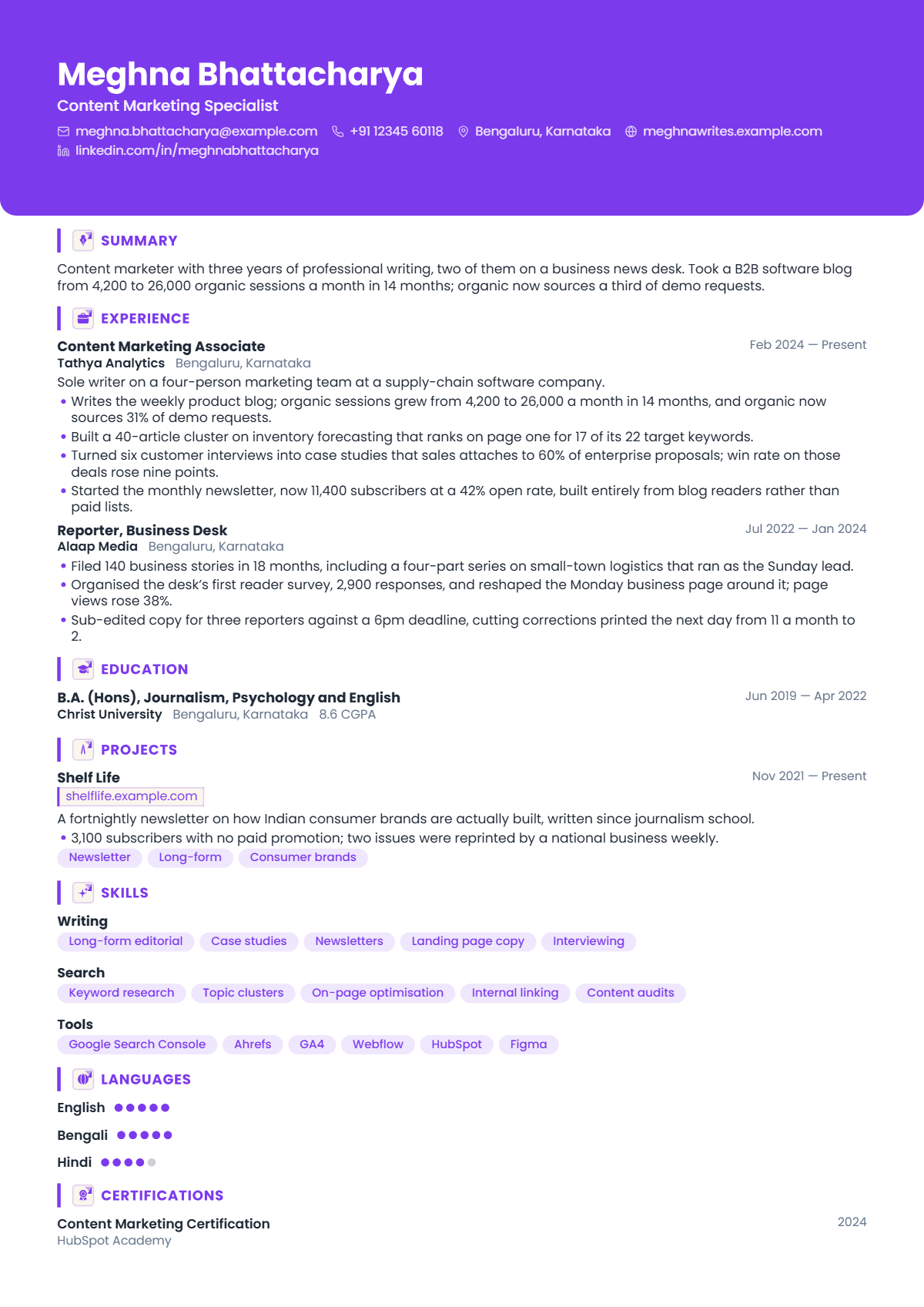 Content Marketing Specialist résumé example — entry level, written for India, set in the Amethyst design