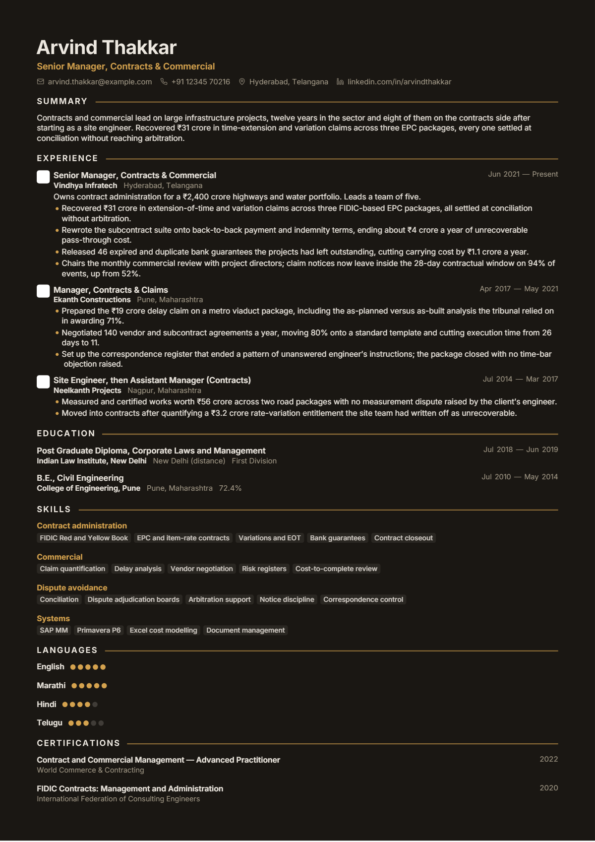 Contracts Manager résumé example — senior, written for India, set in the Onyx Gold design