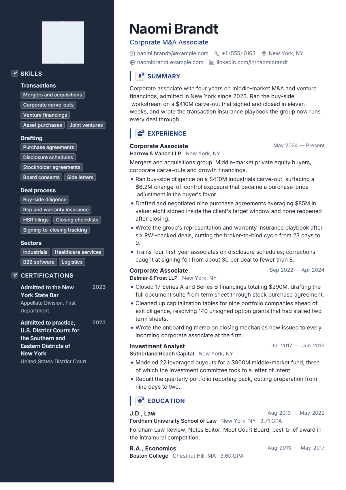 Corporate M&A Associate résumé example — mid level, written for United States, set in the Sapphire design