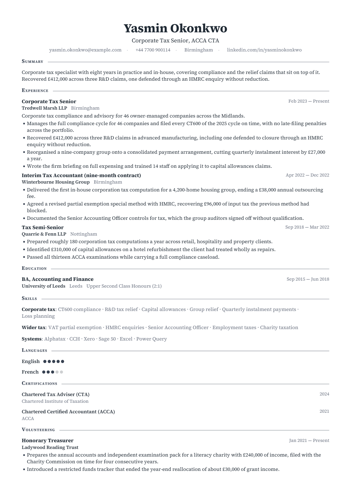 Corporate Tax Specialist résumé example — mid level, written for United Kingdom, set in the Academia design