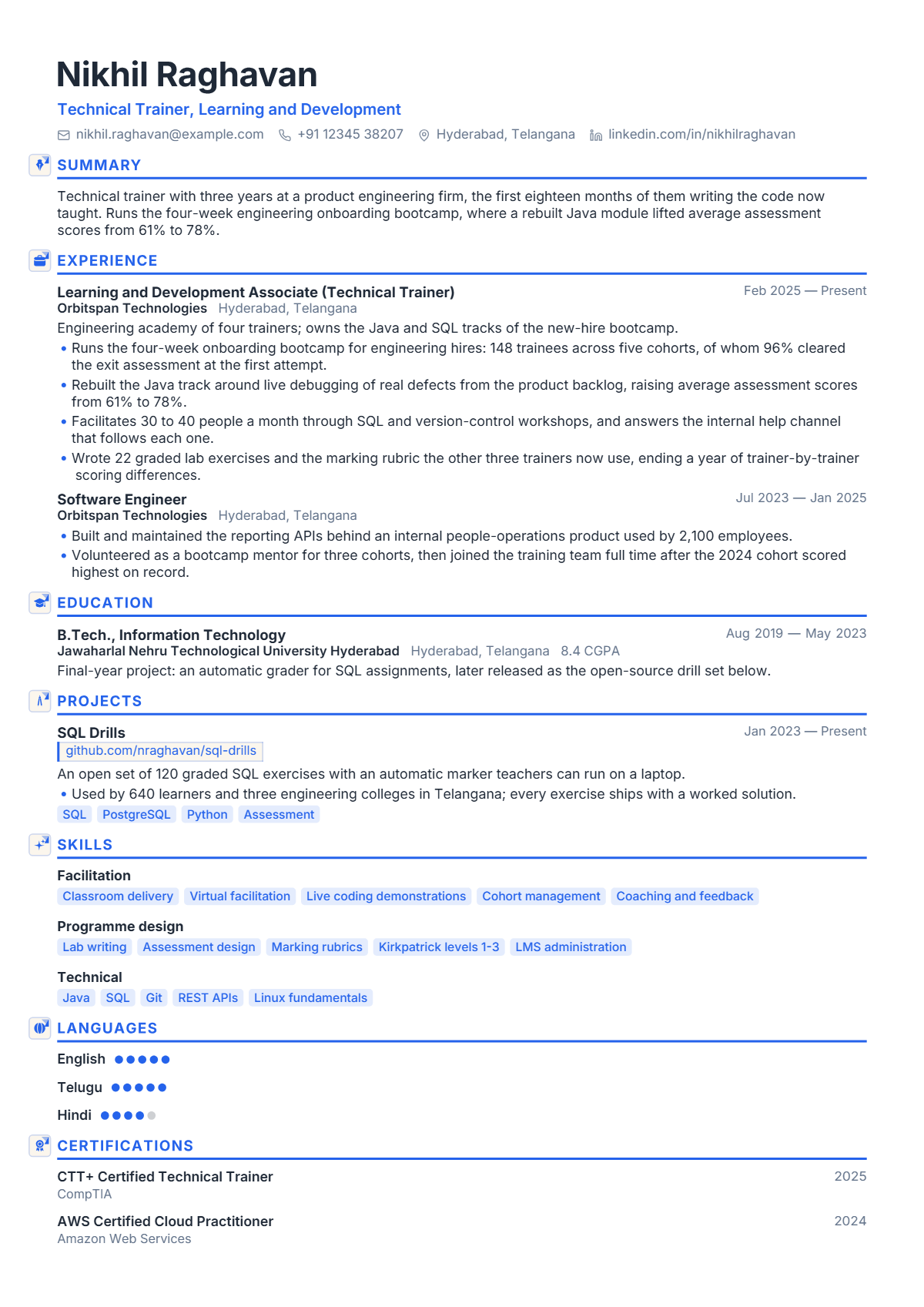 Corporate Trainer résumé example — entry level, written for India, set in the Aria design