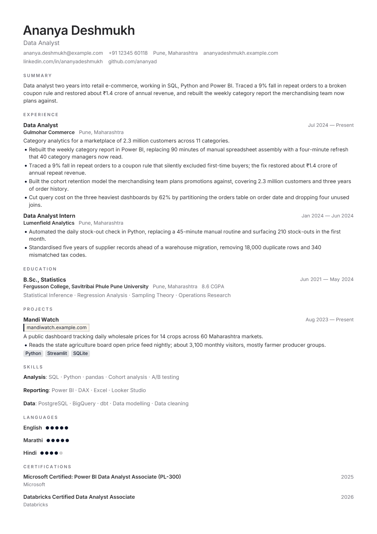 Data Analyst résumé example — entry level, written for India, set in the Frost design