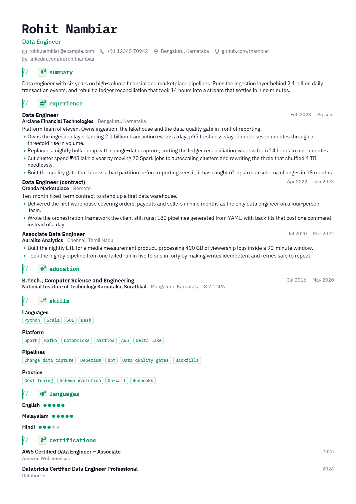 Data Engineer résumé example — mid level, written for India, set in the Terminal design
