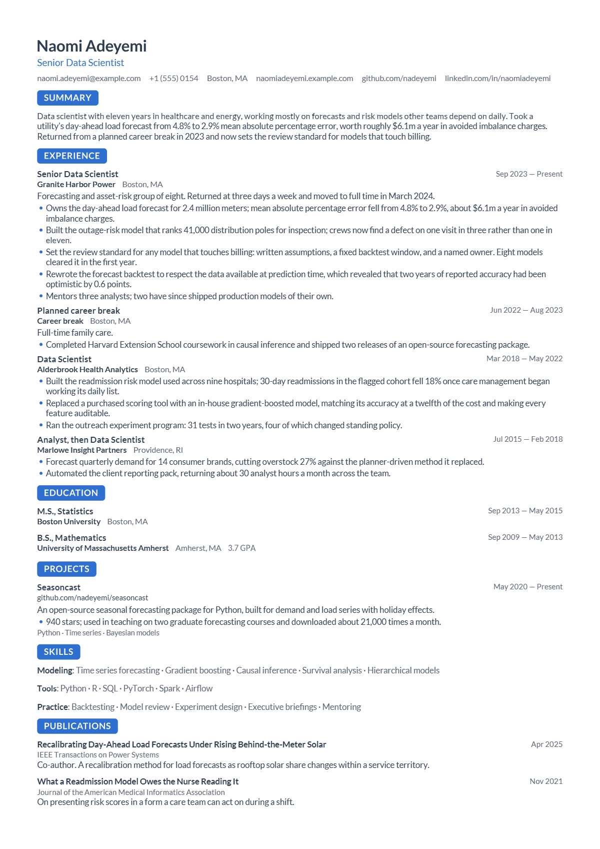 Data Scientist résumé example — senior, written for United States, set in the Marker design