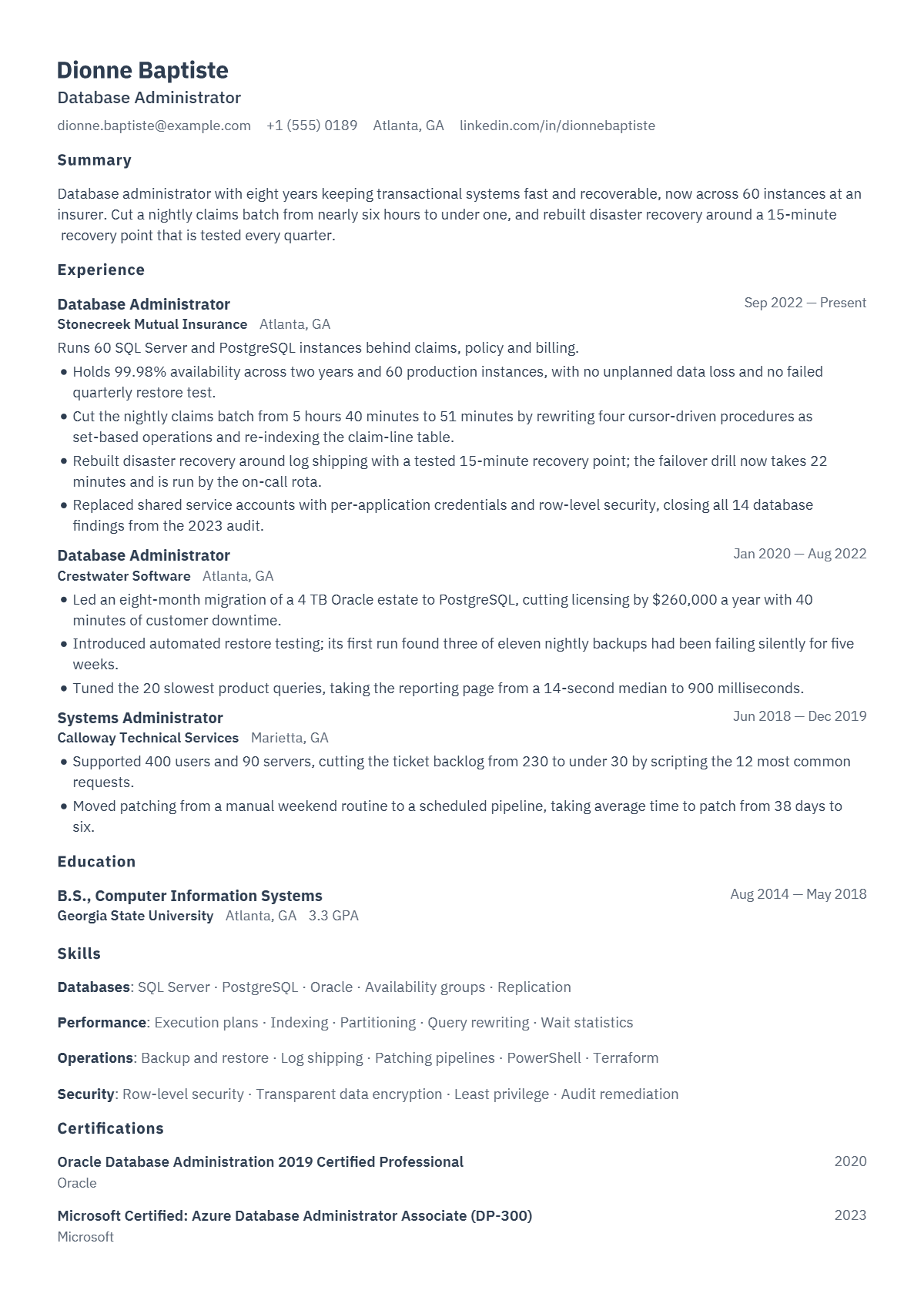 Database Administrator résumé example — mid level, written for United States, set in the Console design