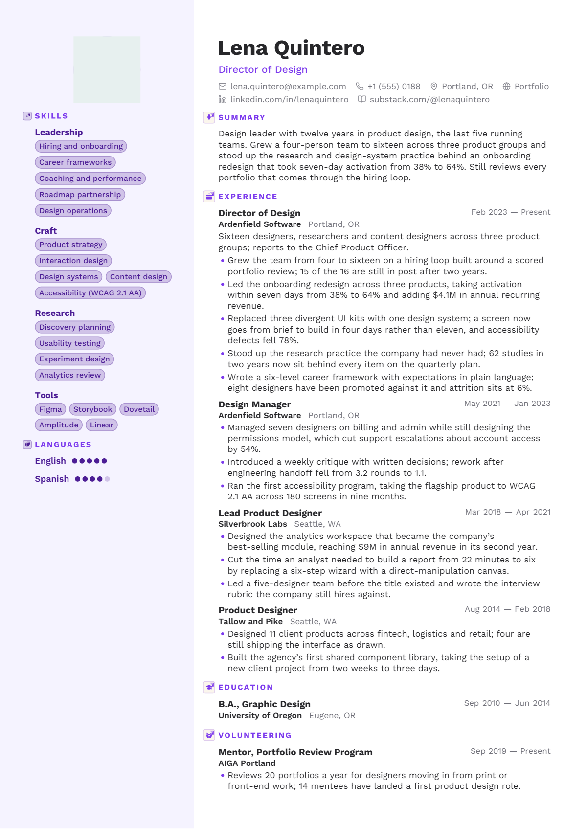 Design Manager résumé example — lead & above, written for United States, set in the Opal design