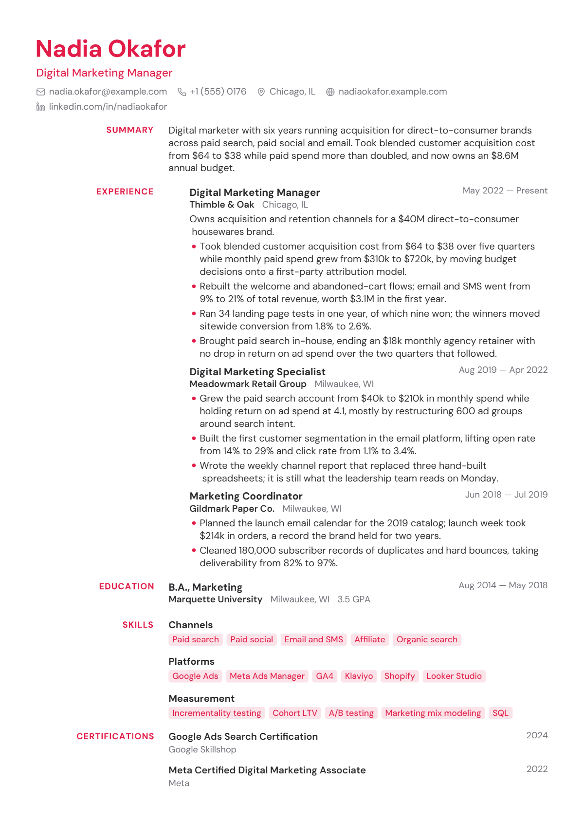 Digital Marketing Manager résumé example — mid level, written for United States, set in the Editorial design