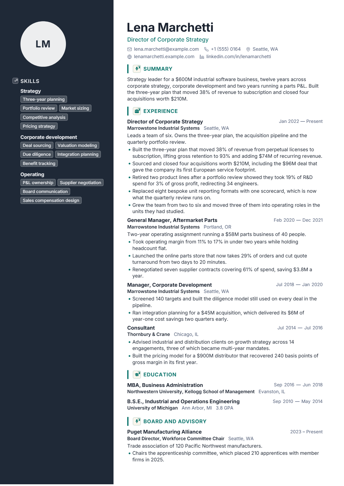 Director of Strategy résumé example — lead & above, written for United States, set in the Pinnacle design