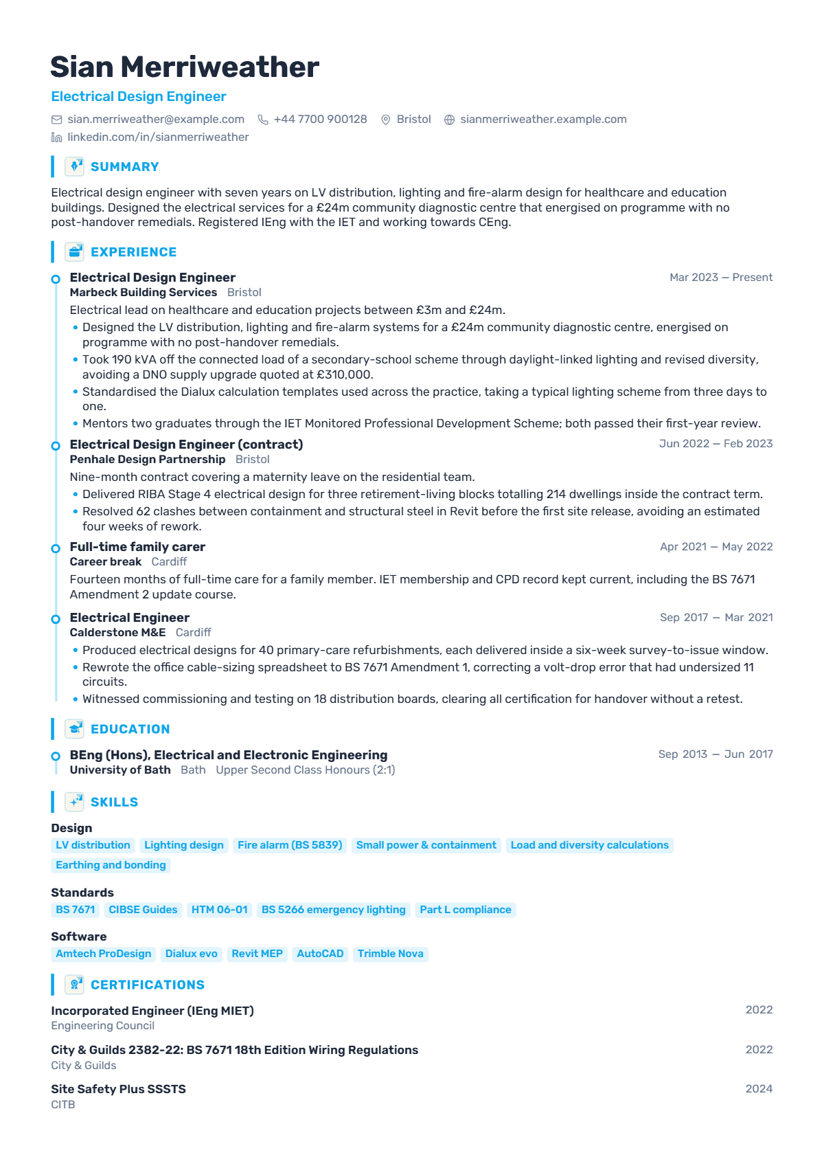 Electrical Design Engineer résumé example — mid level, written for United Kingdom, set in the Vertex design