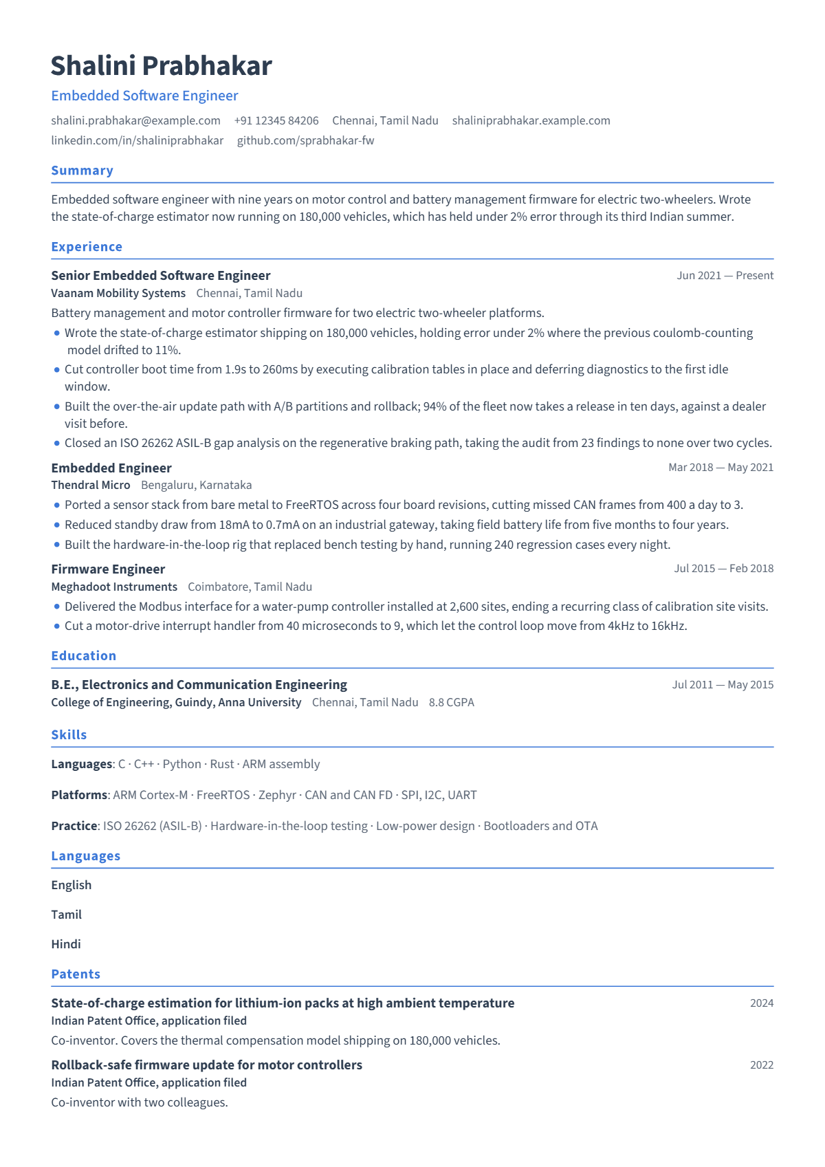 Embedded Software Engineer résumé example — senior, written for India, set in the Beacon design