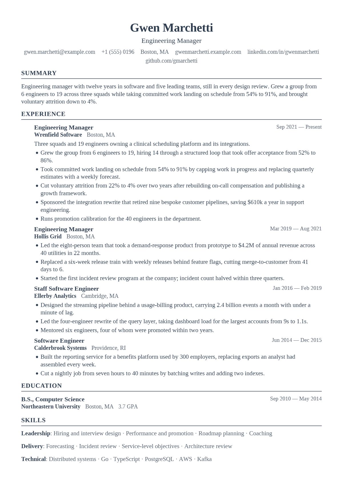 Engineering Manager résumé example — lead & above, written for United States, set in the Scribe design