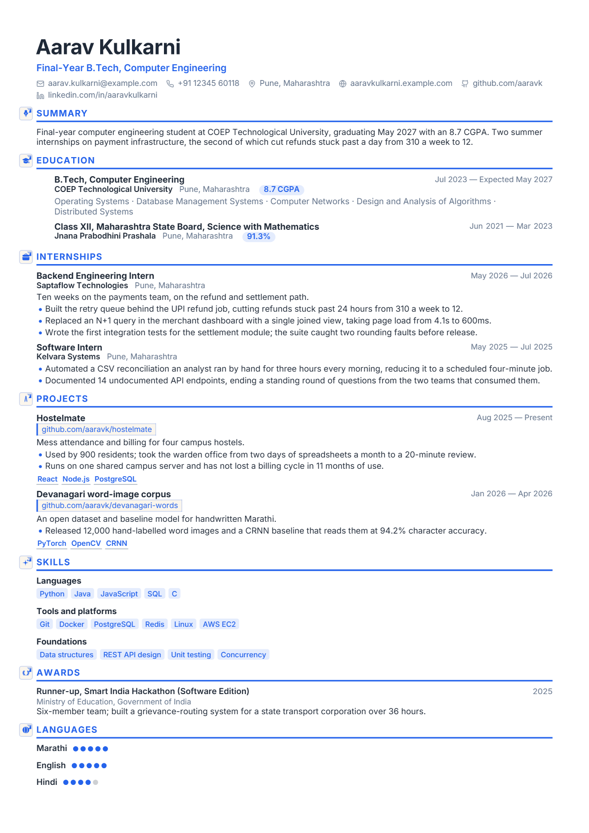 Final-Year Engineering Student résumé example — student, written for India, set in the Aria design