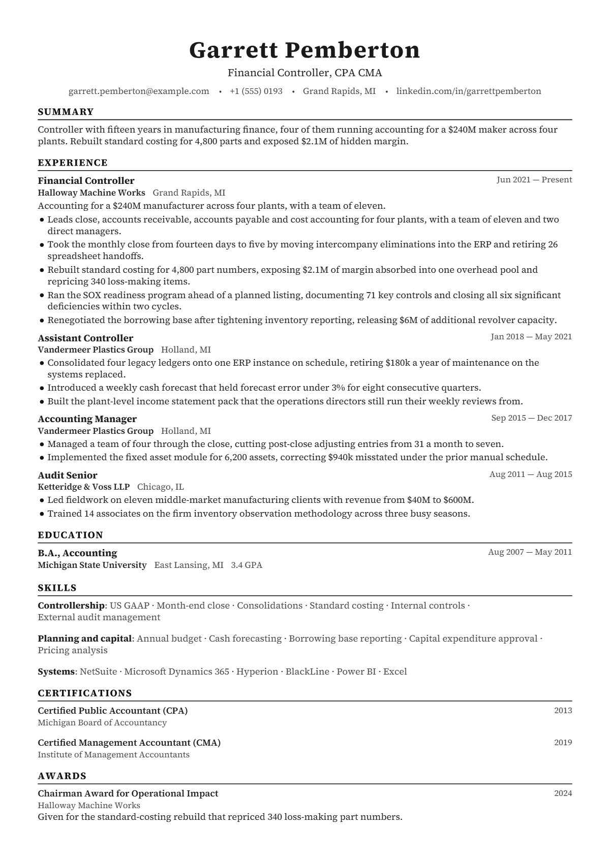 Financial Controller résumé example — senior, written for United States, set in the Harvard design