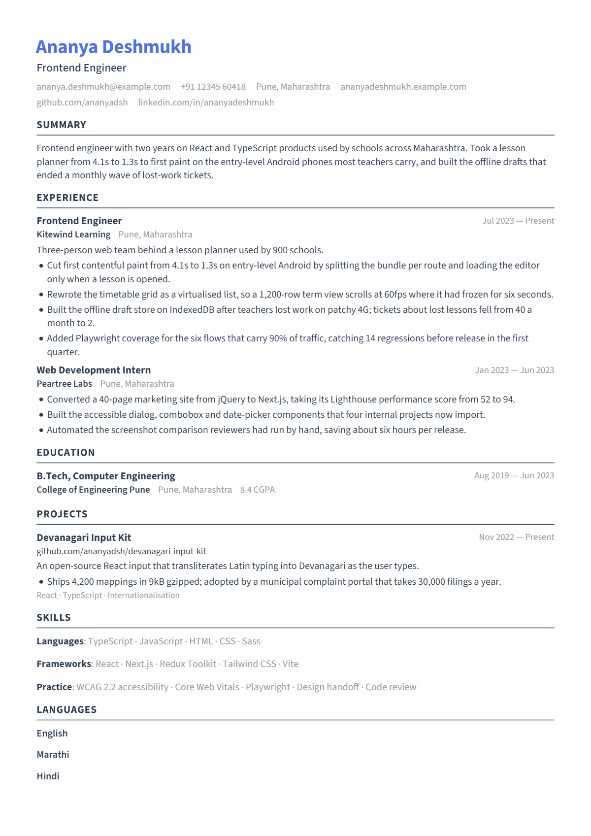 Frontend Engineer résumé example — entry level, written for India, set in the Signal design
