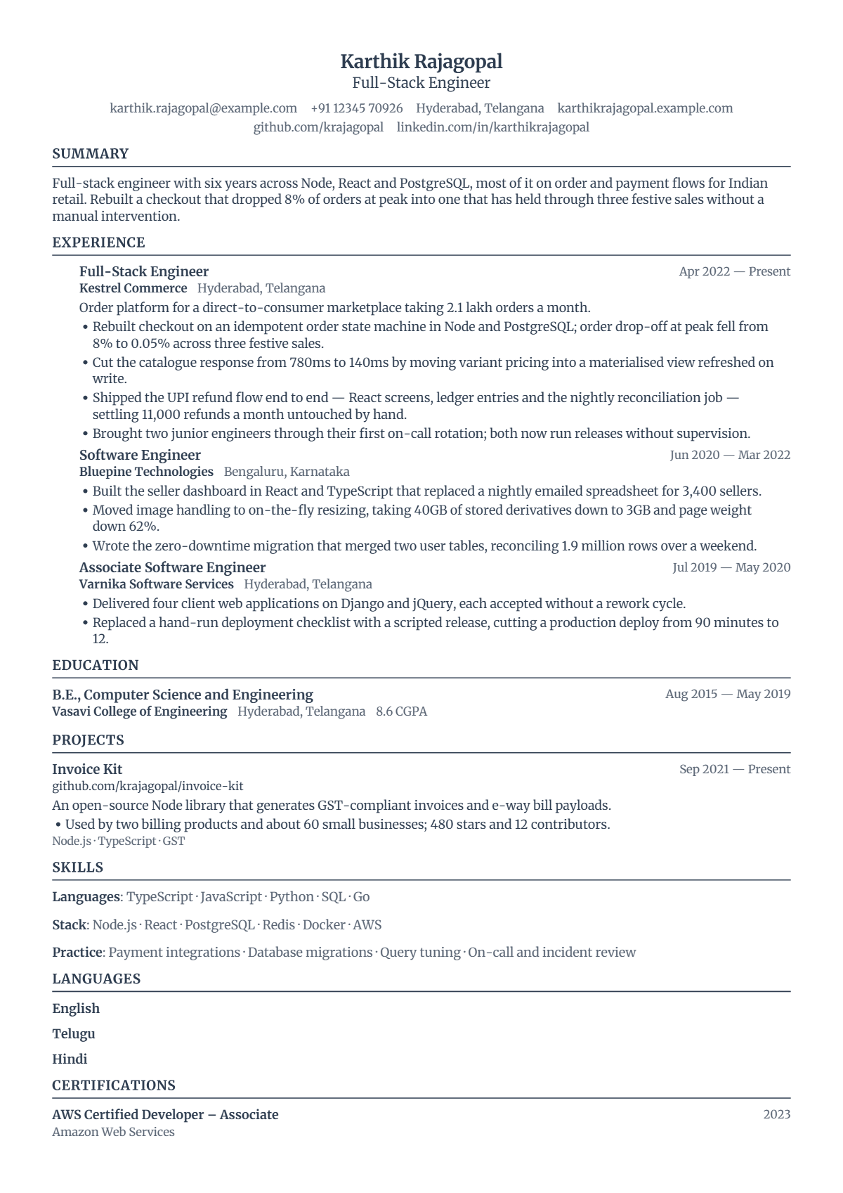 Full-Stack Engineer résumé example — mid level, written for India, set in the Quire design