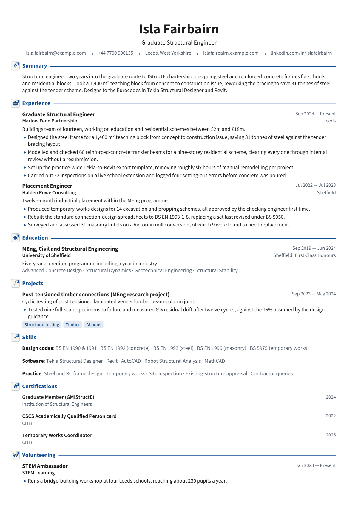 Graduate Structural Engineer résumé example — entry level, written for United Kingdom, set in the Cambridge design