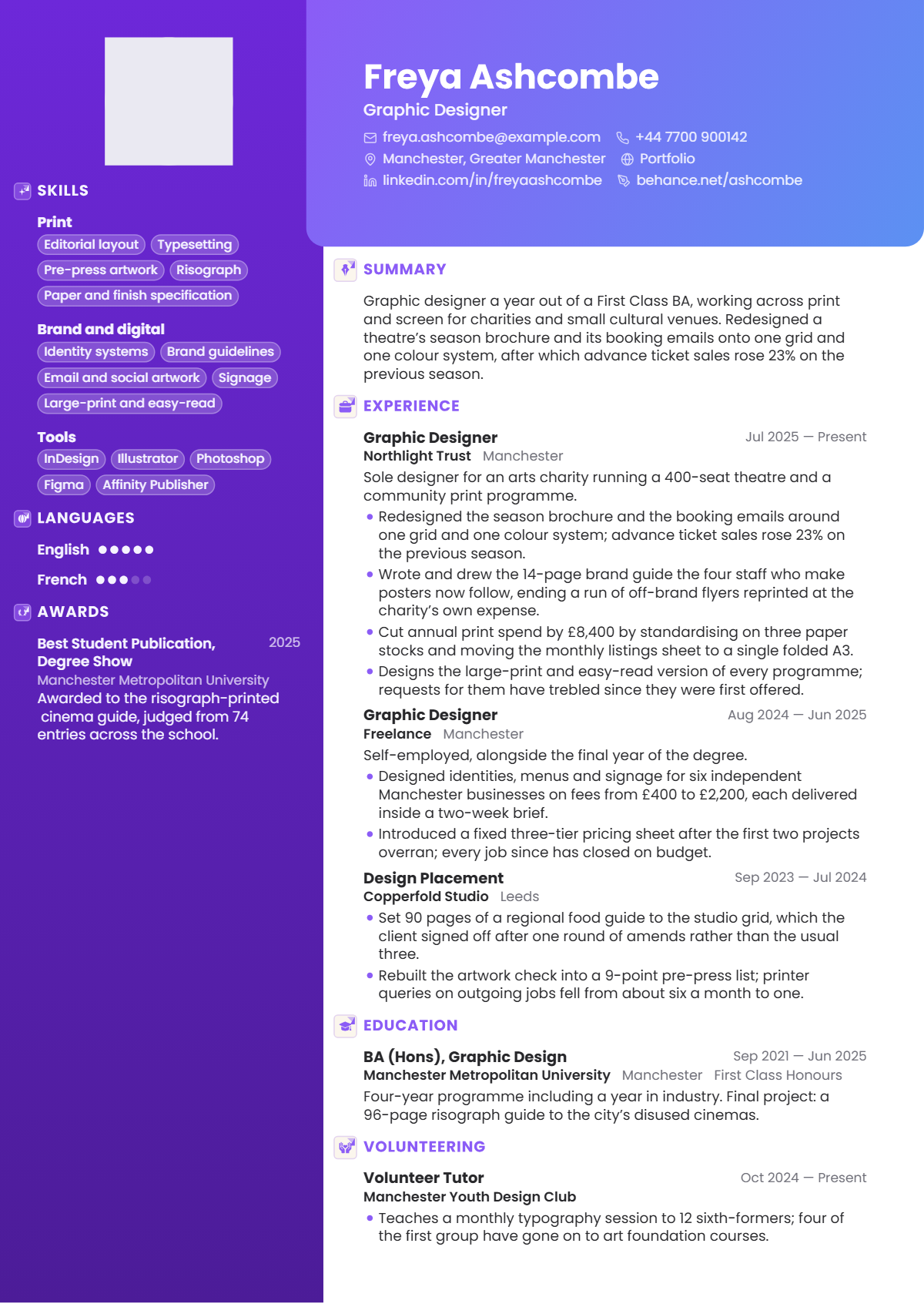 Graphic Designer résumé example — entry level, written for United Kingdom, set in the Nova design