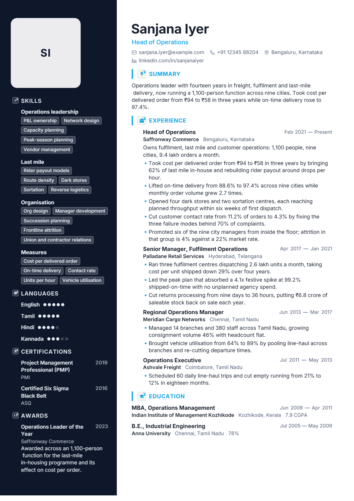 Head of Operations résumé example — lead & above, written for India, set in the Initials design
