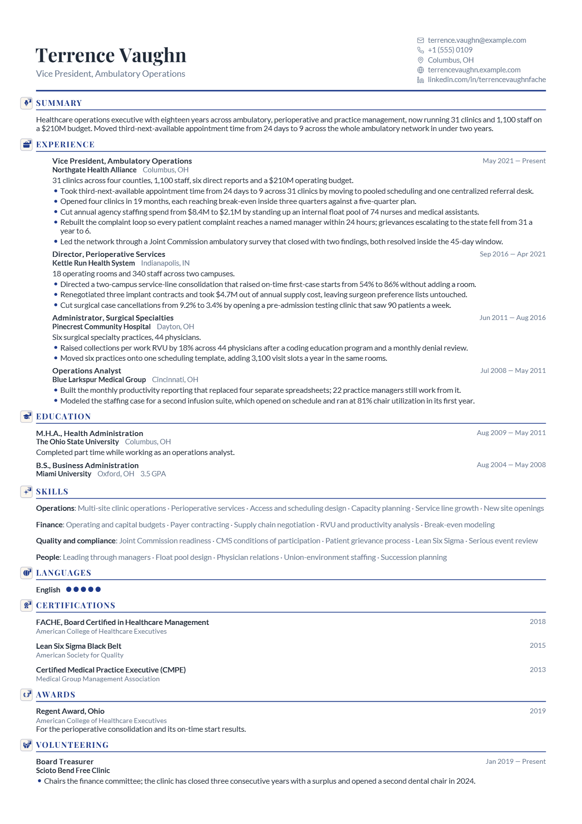 Healthcare Administrator (VP, Ambulatory Operations) résumé example — lead & above, written for United States, set in the Mercury design