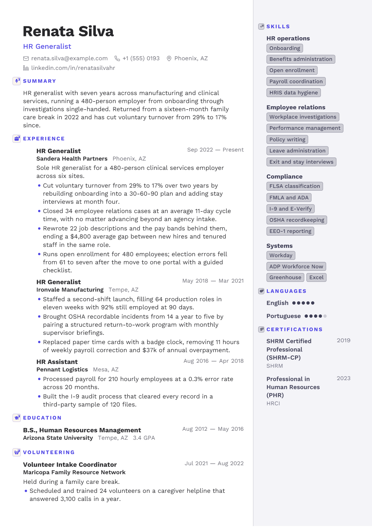 HR Generalist résumé example — mid level, written for United States, set in the Linen design