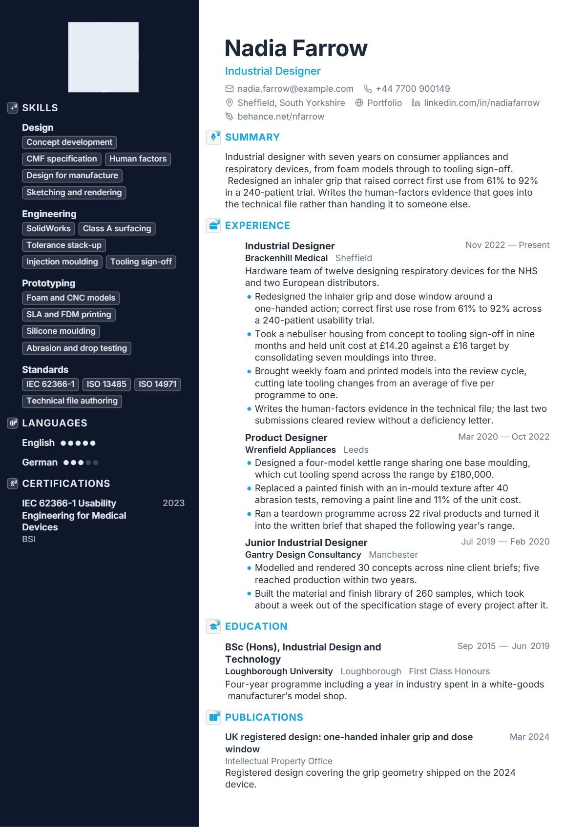 Industrial Designer résumé example — mid level, written for United Kingdom, set in the Portrait design