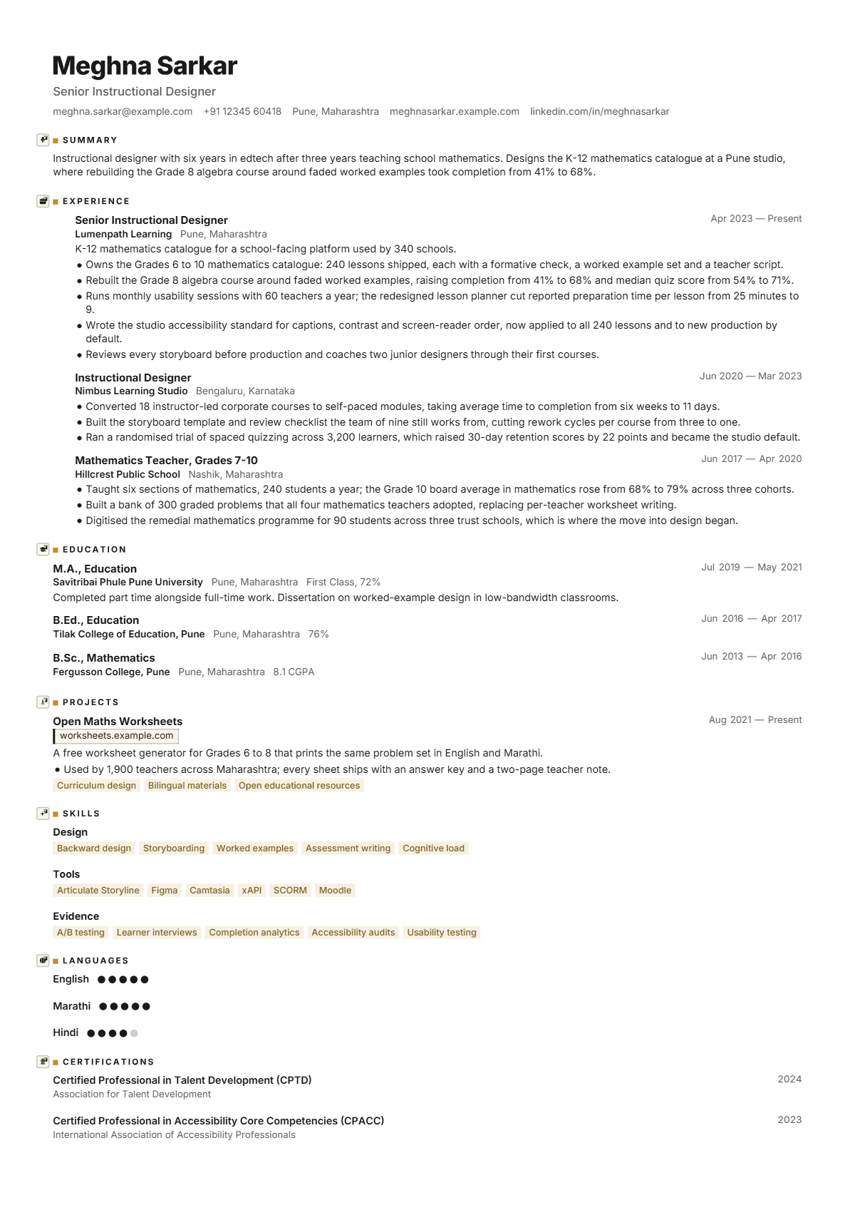 Instructional Designer résumé example — mid level, written for India, set in the Swiss Aurum design