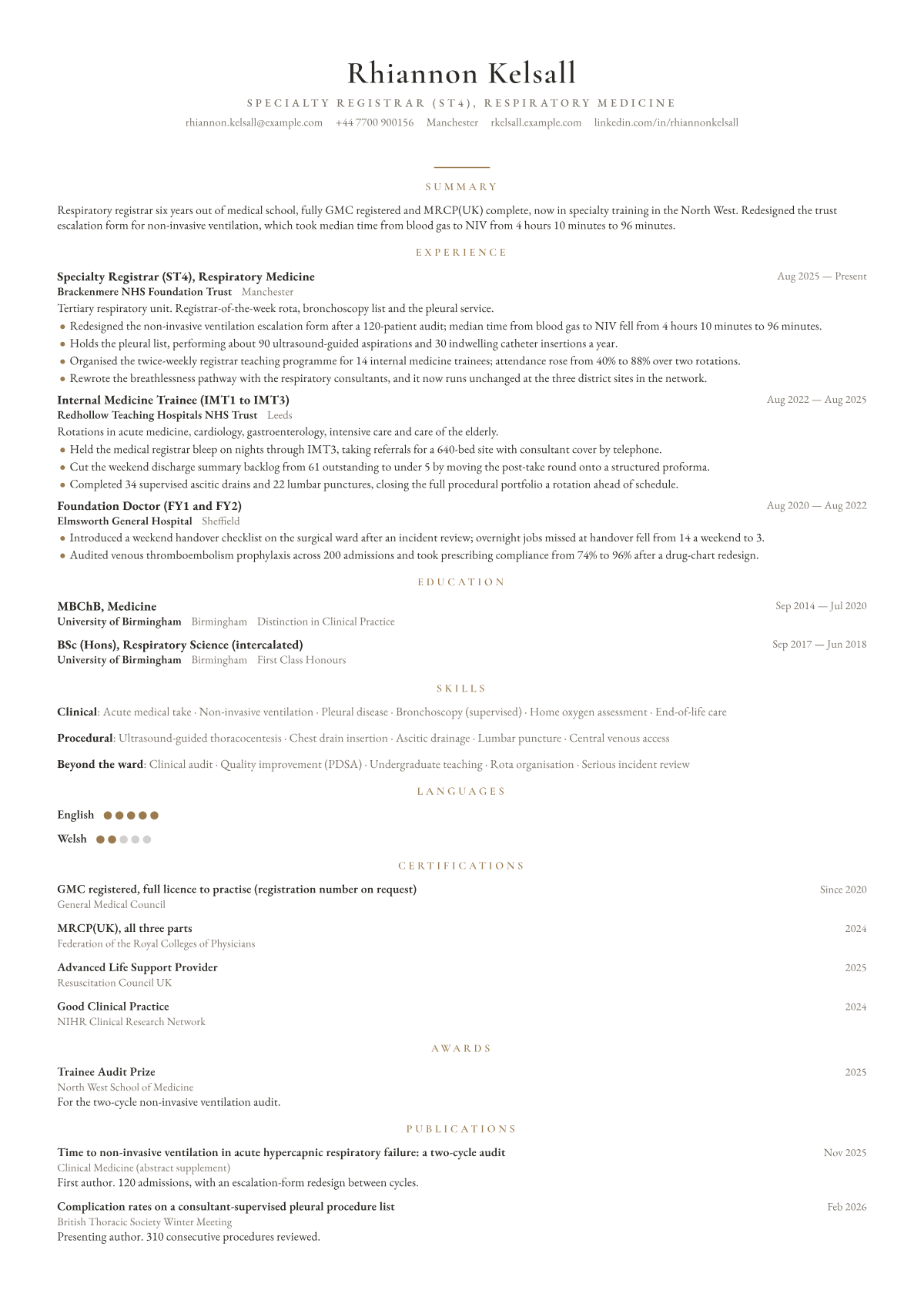 Internal Medicine Registrar (Respiratory) résumé example — mid level, written for United Kingdom, set in the Lumière design