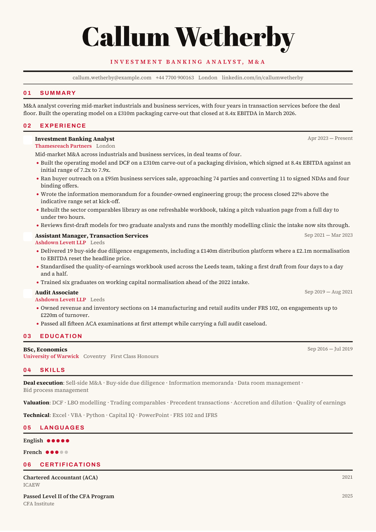 Investment Banking Analyst résumé example — mid level, written for United Kingdom, set in the Broadsheet design