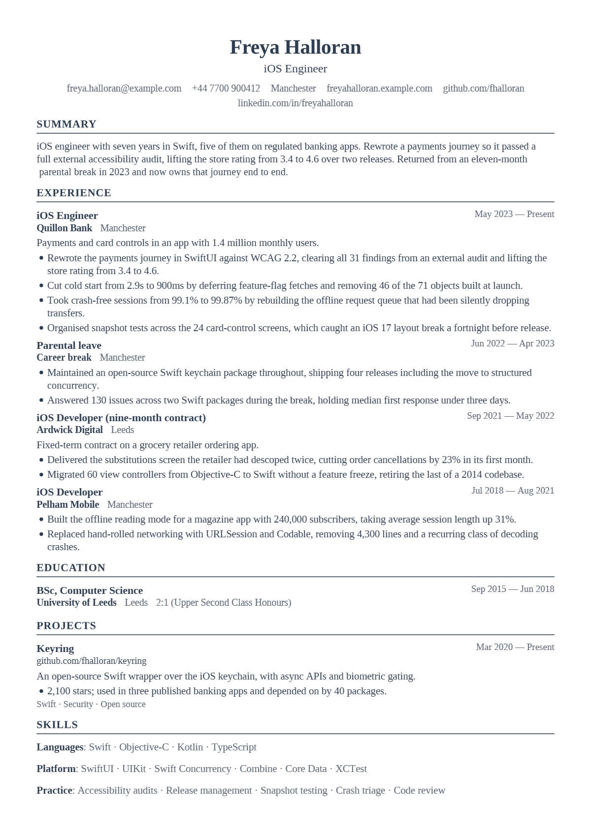 iOS Engineer résumé example — mid level, written for United Kingdom, set in the Scribe design