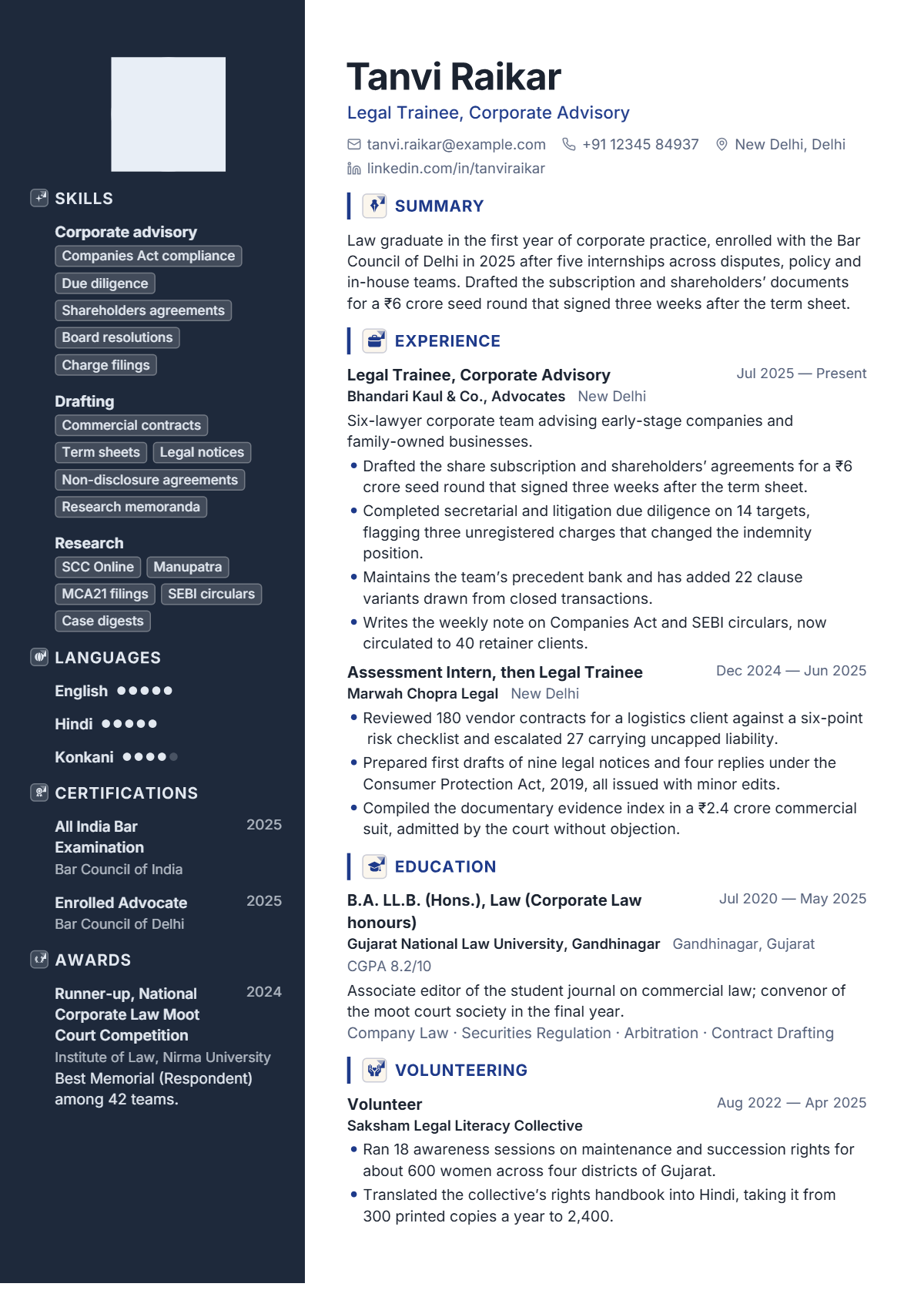 Legal Trainee résumé example — entry level, written for India, set in the Sapphire design