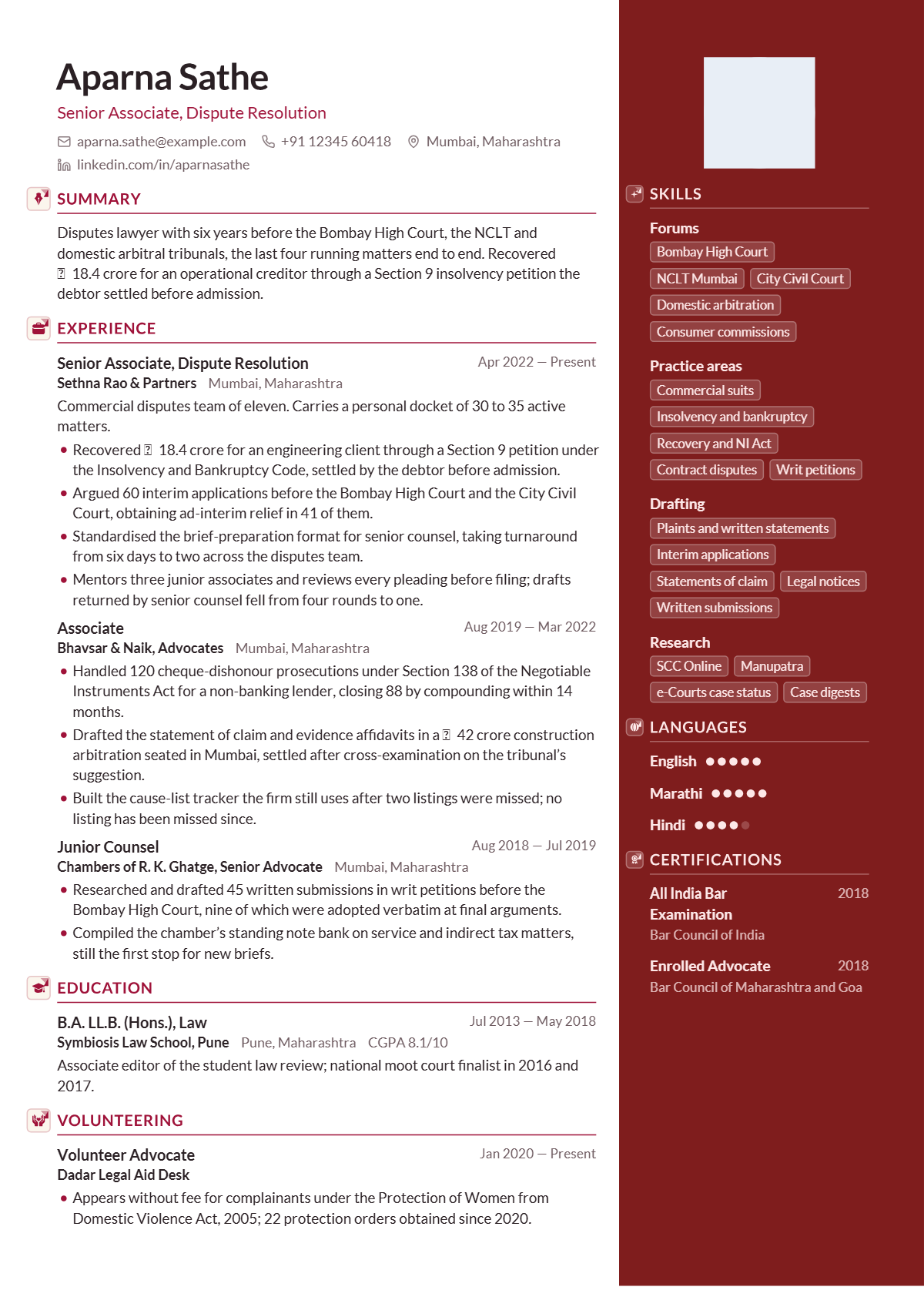 Litigation Associate résumé example — mid level, written for India, set in the Garnet design
