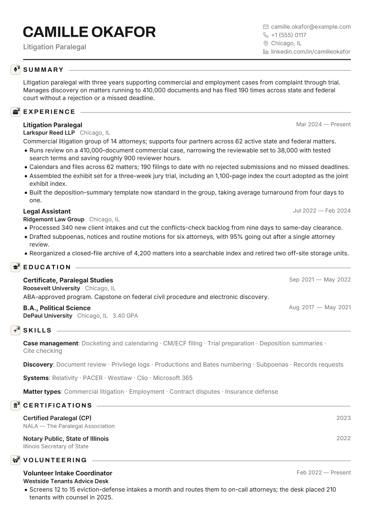 Litigation Paralegal résumé example — entry level, written for United States, set in the Onyx design