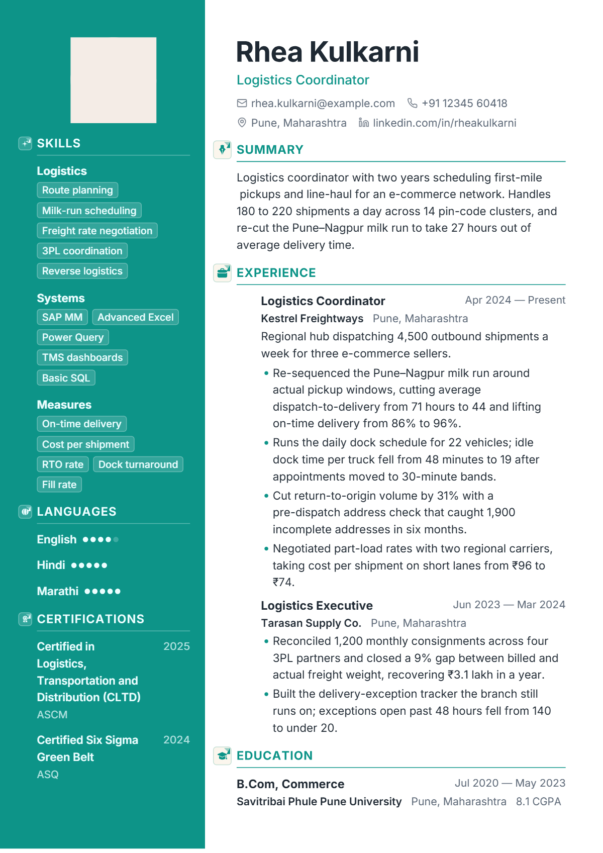 Logistics Coordinator résumé example — entry level, written for India, set in the Cascade design