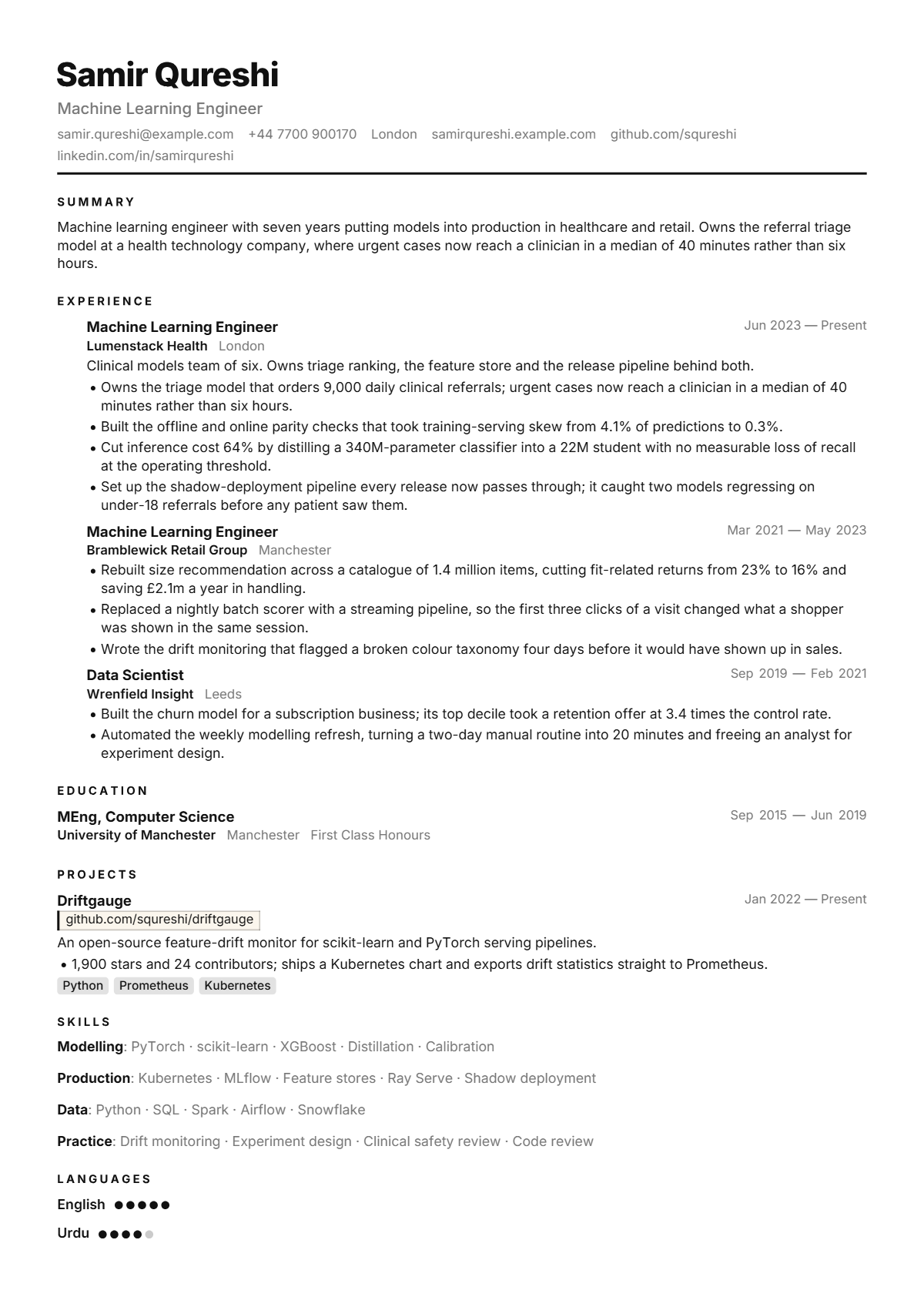 Machine Learning Engineer résumé example — mid level, written for United Kingdom, set in the Mono design