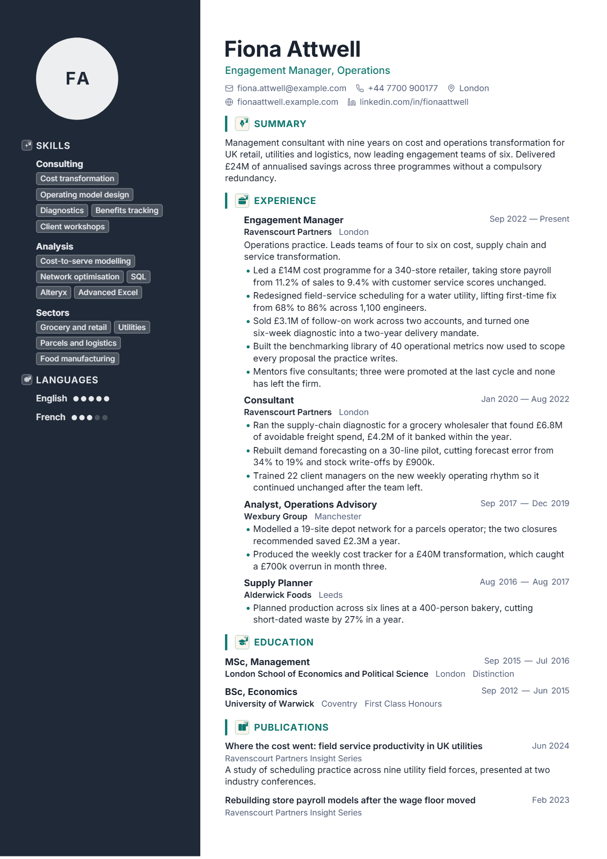 Management Consultant résumé example — senior, written for United Kingdom, set in the Pinnacle design