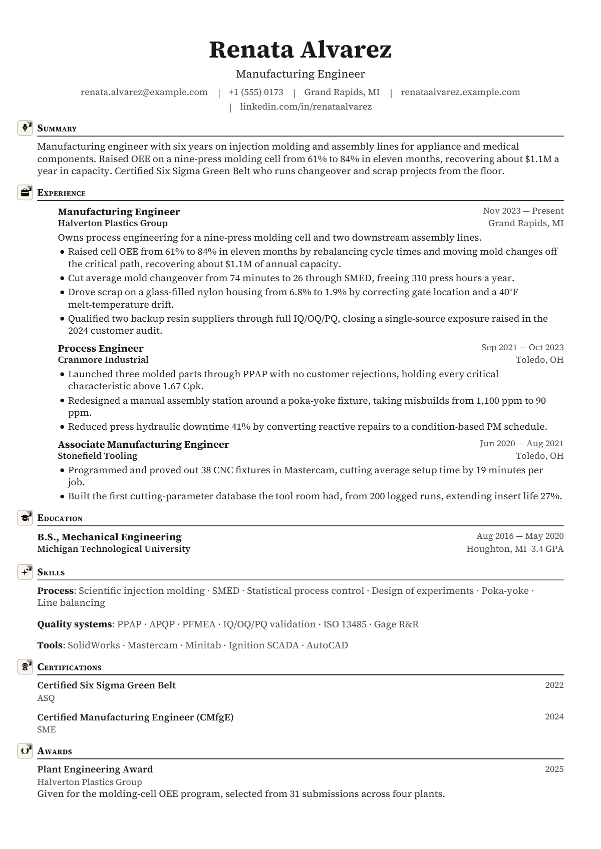 Manufacturing Engineer résumé example — mid level, written for United States, set in the Vector design
