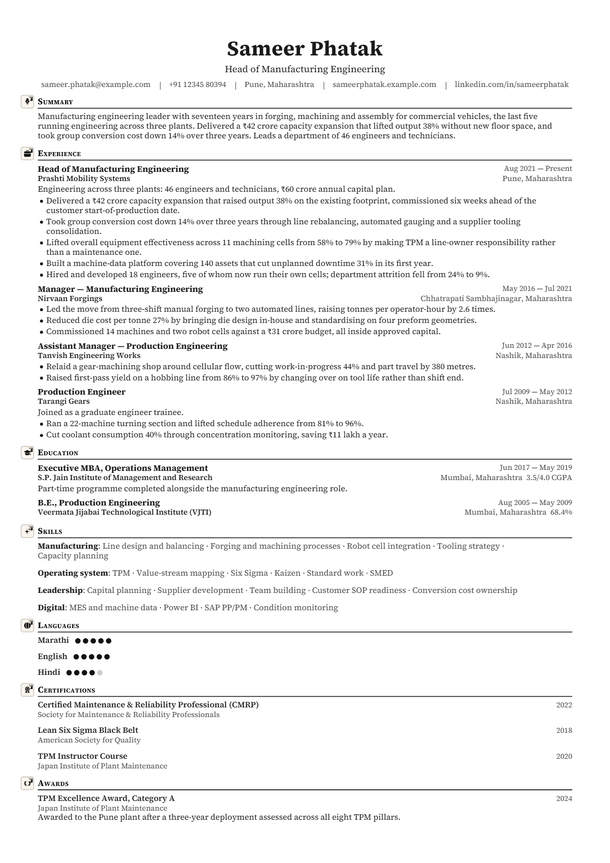 Manufacturing Engineering Manager résumé example — lead & above, written for India, set in the Vector design