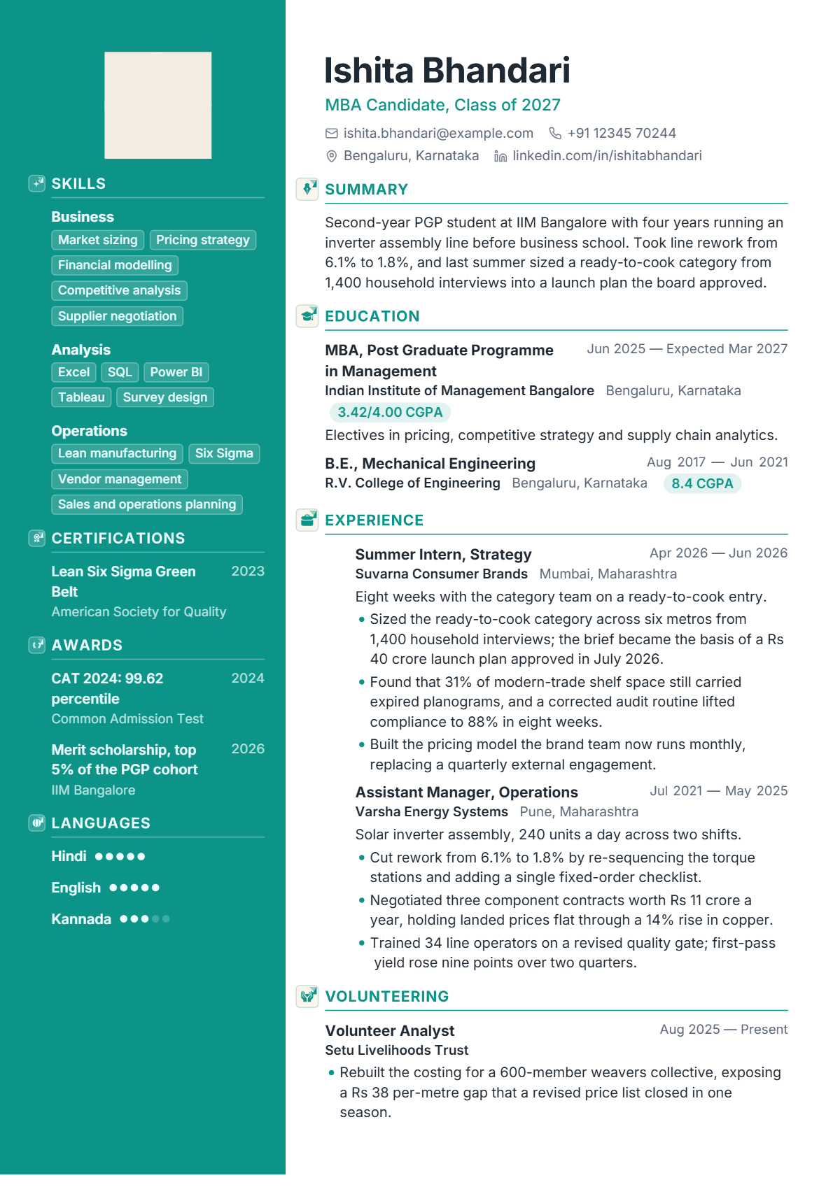 MBA Candidate résumé example — student, written for India, set in the Cascade design
